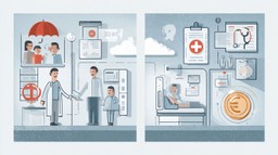 A clean, professional flat illustration comparing Germany’s public health insurance (GKV) and private health insurance (PKV). Depict two columns or panels: on the left, GKV with icons such as a family under an umbrella, a euro symbol linked to income, and a shared hospital room; on the right, PKV with icons like a single patient in a private room, a stethoscope, a passport or globe for international coverage, and an adjustable euro coin representing flexible premiums