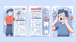A modern, flat vector illustration highlighting three common mistakes in choosing health insurance in Germany. Depict them as three separate panels or icons: (1) A young person choosing PKV with a calendar showing increasing costs over time, symbolising rising premiums with age; (2) Two Krankenkassen comparison sheets side-by-side with different euro amounts, representing the overlooked Zusatzbeitrag differences; (3) A dental bill with a shocked patient, showing a tooth icon and high out-of-pocket costs, representing incomplete dental coverage without supplementary insurance. Use a consistent professional colour palette (blues, greys, white with small red accents) matching the blog’s other visuals